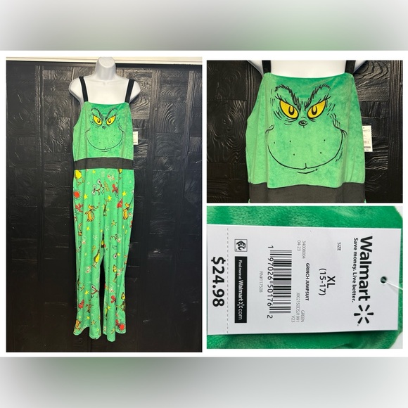 Share Dr Seuss The Grinch NWT Pajamas Jumpsuit Bibs Romper Overalls Juniors Si - Picture 1 of 14